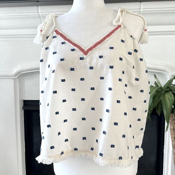 Aerie V Neck Raw Hem Tan Top Blue Stitching L Off White Red Rhinestone Boho - Picture 6 of 11